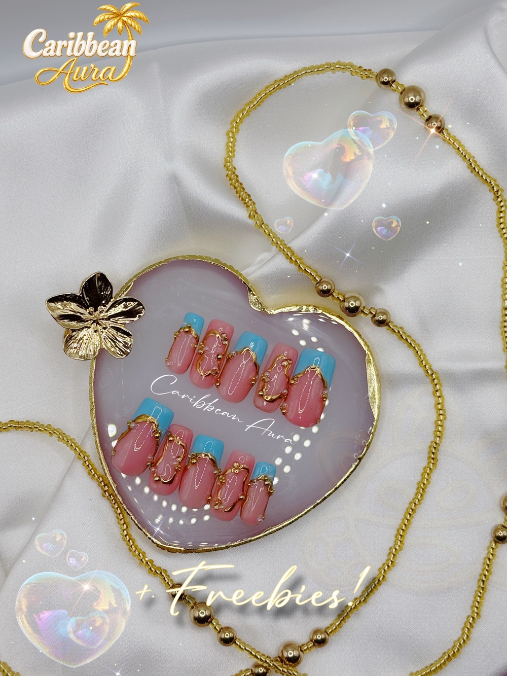 Pinky Nude Sky Blue French Tip | Gold Chrome | Handmade | Reusable